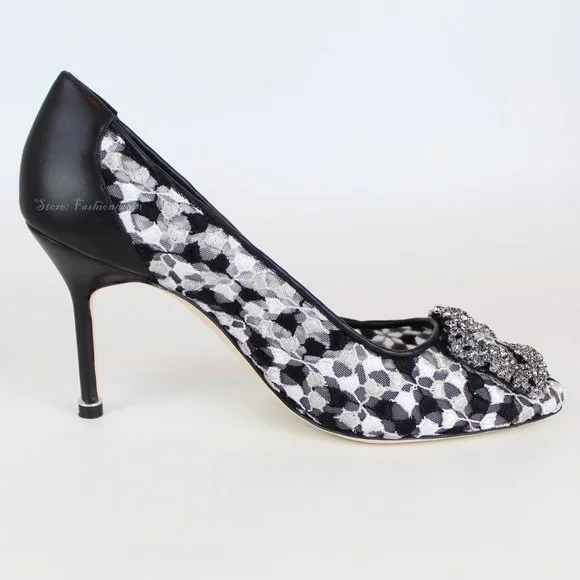 NEW MANOLO BLAHNIK Hangisi Mid-Heel Satin & Lace Pumps - Picture 4 of 13